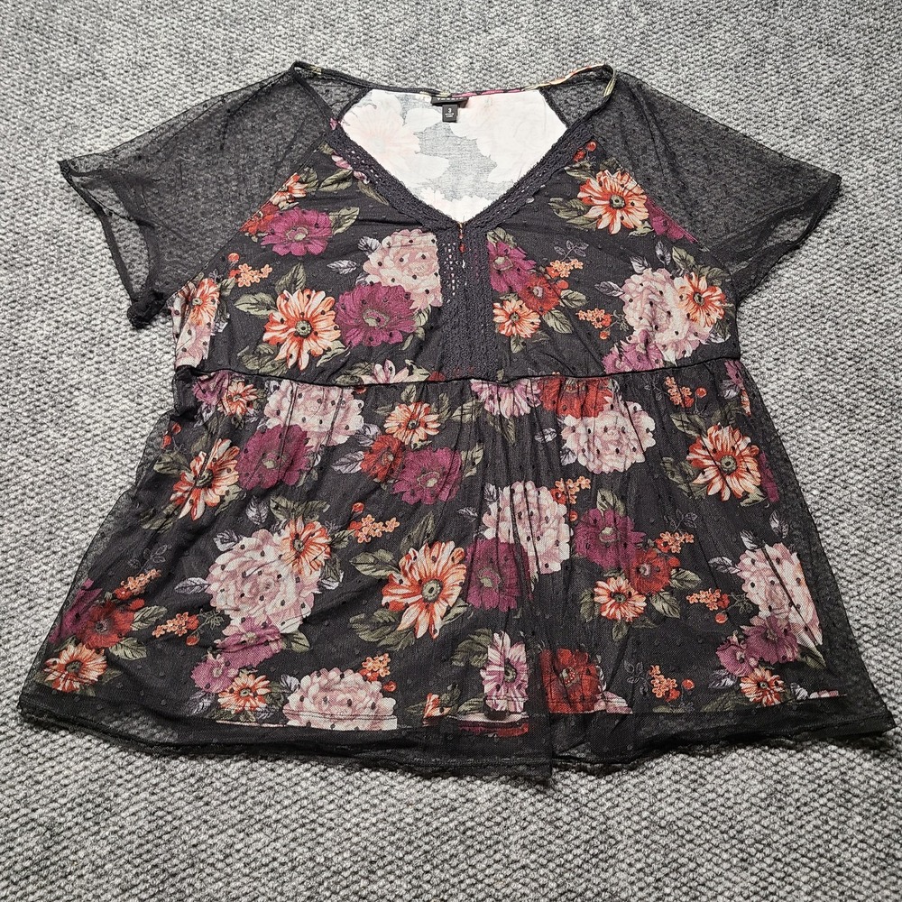 Torrid Babydoll Top Womens 3 Black Floral Mesh Overlay V Neck Lace Trim Cocktail